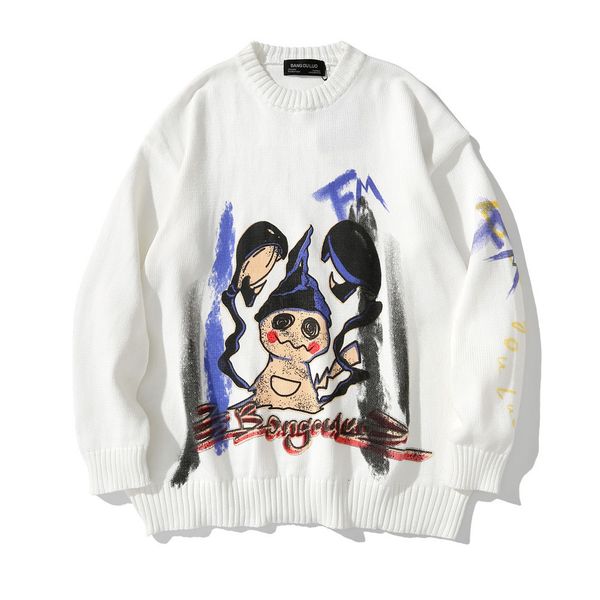 

sweater knit cartoon pprinted t shirt men's harajuku fashion brand round neck street trend loose pullover, White;black