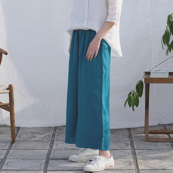

women's pants & capris scuwlinen 2021 spring summer women vintage loose elastic waist double layer ramie all-match wide-leg s1030, Black;white