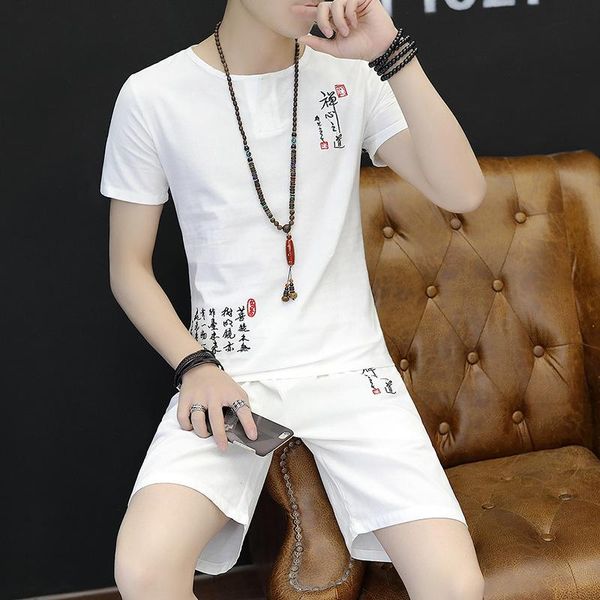 

jogging clothing summer men's cotton linen suit zen heart embroidery short sleeve t-shirt korean version 2-piece, Black;red
