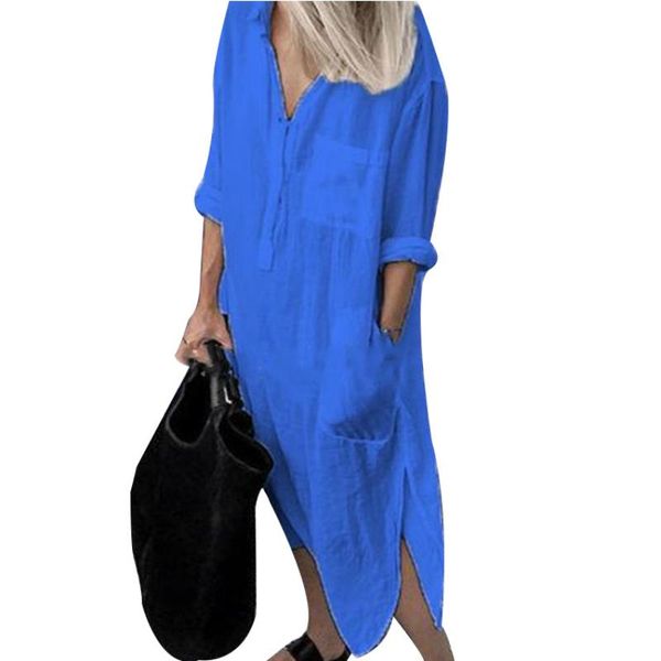 

casual dresses autumn summer women long shirt dress turn-down collar solid color loose large elegant simple button ladies maxi, Black;gray