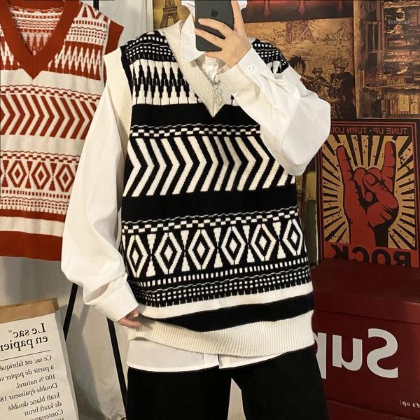 

men's vests fall loose college style sleeveless vest sweater, Black;white