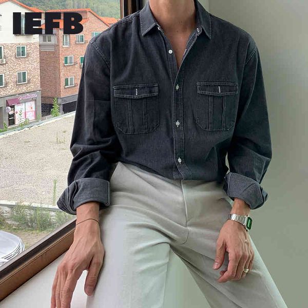 

iefb spring denim shirt men's long sleeve korean fashion workwear causal shirts loose double pocket single breast y5901 210524, White;black