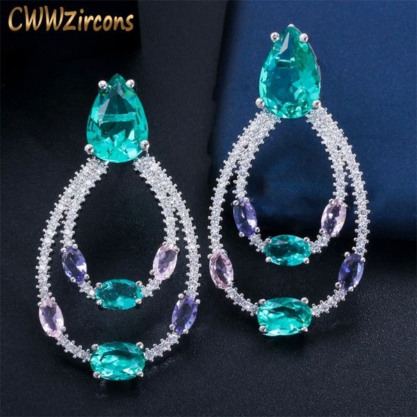 

cwwzircons designer double circle drop light blue cubic zirconia crystal dangle earrings trendy female party jewelry gift cz703 210317, Silver
