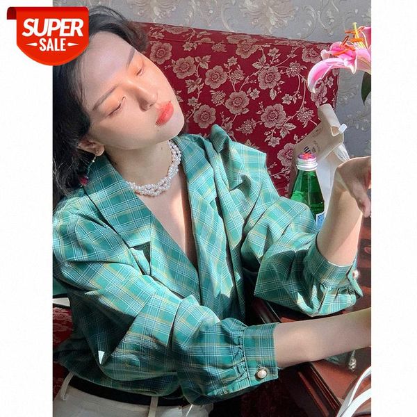 

hong kong style retro female puff sleeve plaid shirt elegant slim suit collar net red #gd1j, White