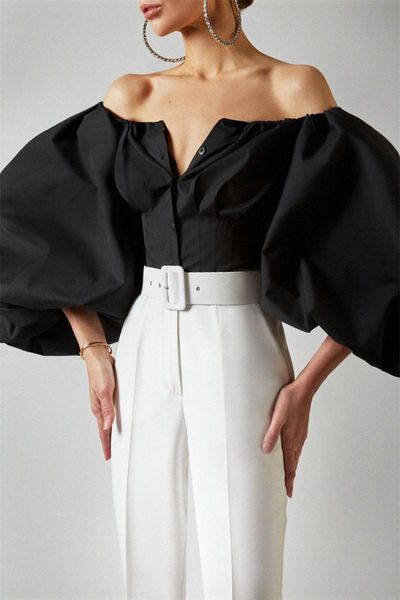 

women's blouses & shirts french temperament lantern sleeve elegant shirt button vintage blouse slash neck off shoulder office ladies fa, White