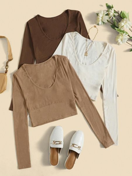 

3pcs solid scoop neck crop tee t72s#, White