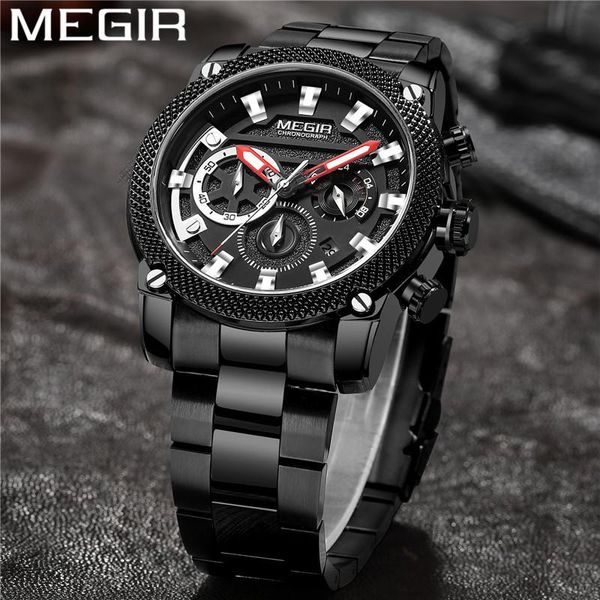 

wristwatches megir watch men waterproof chronograph military army male clock black stainless steel man sport wristwatch 213, Slivery;brown