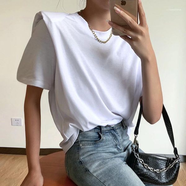 

women's t-shirt short sleeve with shoulder pads summer fashion casual wild pullover street wear solid color1, White
