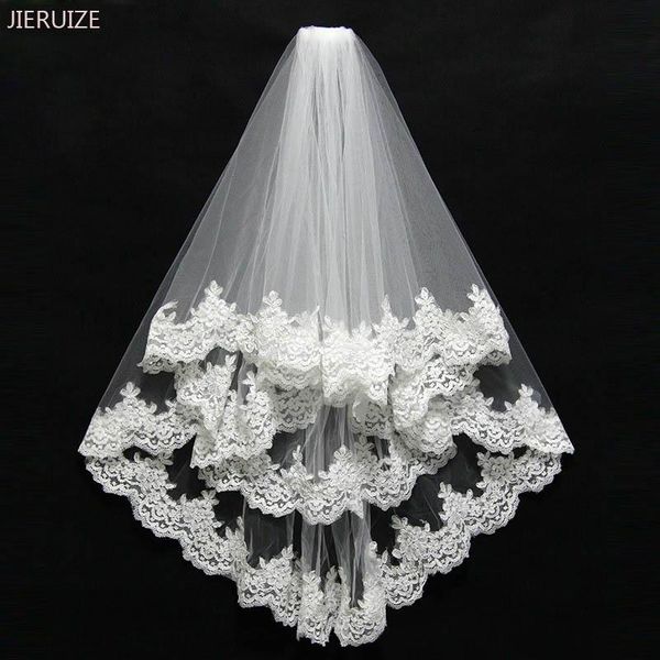 

bridal veils jieruize veil short with comb lace appliqued edge tulle two layer elbow length wedding accessories 2021, Black