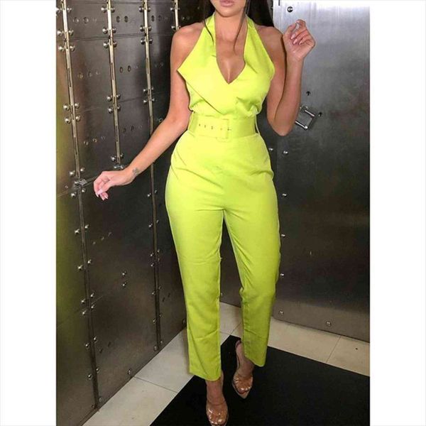 

summer casual halter fashion womens jumpsuit v neck office high waist belt, Black;white