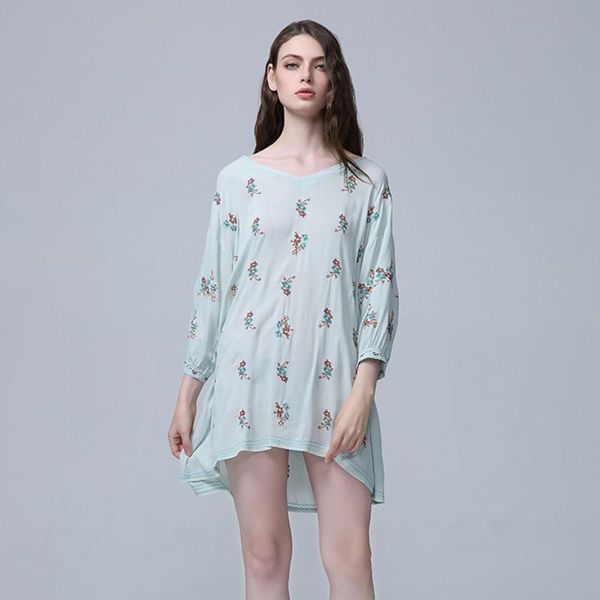 

casual dresses verhellen 2021 autumn beach loose embroidery dress women v-neck 3/4 sleeve embroidered bohemia mini ladies, Black;gray