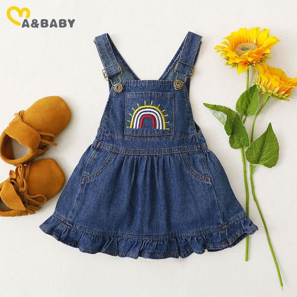 0-3 Jahre Vintage Kleinkind Säugling geboren Baby Mädchen Kleid Regenbogen Denim Overalls Rüschen Kleider für 210515