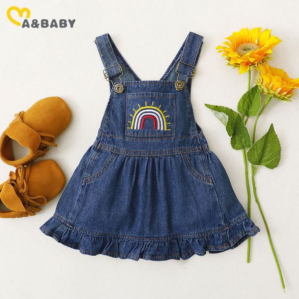 

0-3years vintage toddler infant born baby girls dress rainbow denim overalls ruffles dresses for 210515, Red;yellow