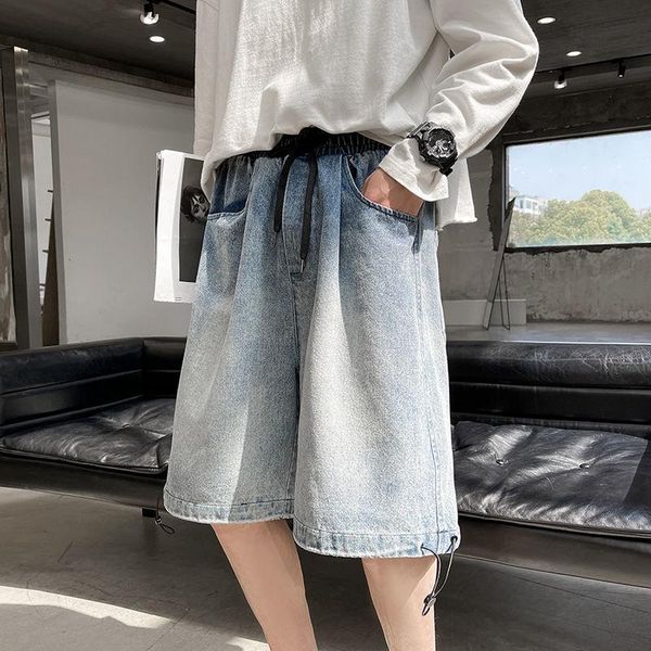 

men's jeans wide leg mens retro drawstring straight shorts loose washed oversize overalls trend casual five-point pants thin plus size, Blue