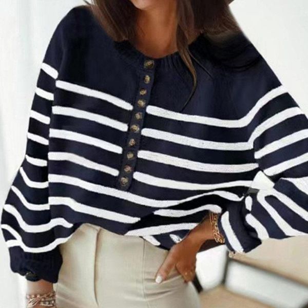 

women's sweaters women knitted long sleeve striped patchwork jumpers ladies loose fashion button o-neck pullover autumn winter, White;black