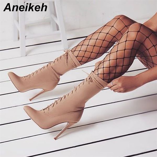 

aneikeh boots women autumn fashion ankle pointed toe shoes stretch cross-tied lace-up stiletto high heel botas mujer 42 210914, Black
