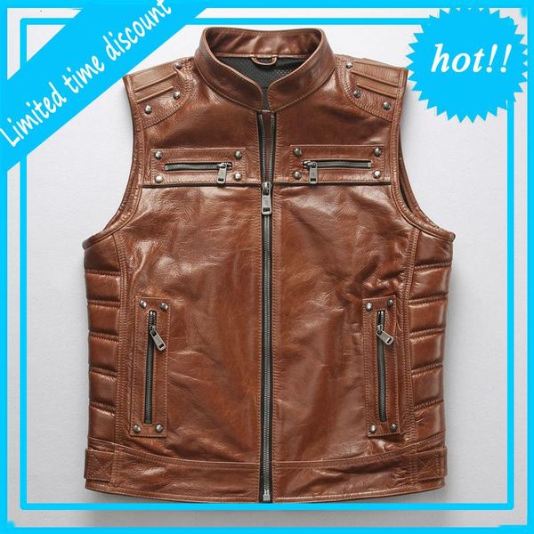 

men's vests 2021 rivet cowskin sleeveless jackets brand designer genuine leather professional motorcycle biker black vest, Black;white