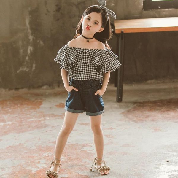 

clothing sets summer girls' clothes stitching doll collar short-sleeved plaid shirt +jeans shorts pants big kids children's, White
