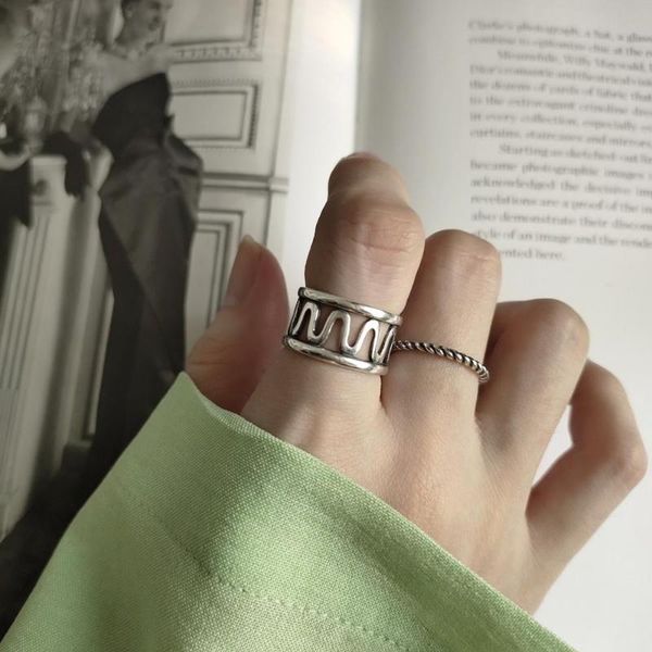

cluster rings retro authentic s925 sterling silver fine jewelry wave band adjust tlj623, Golden;silver