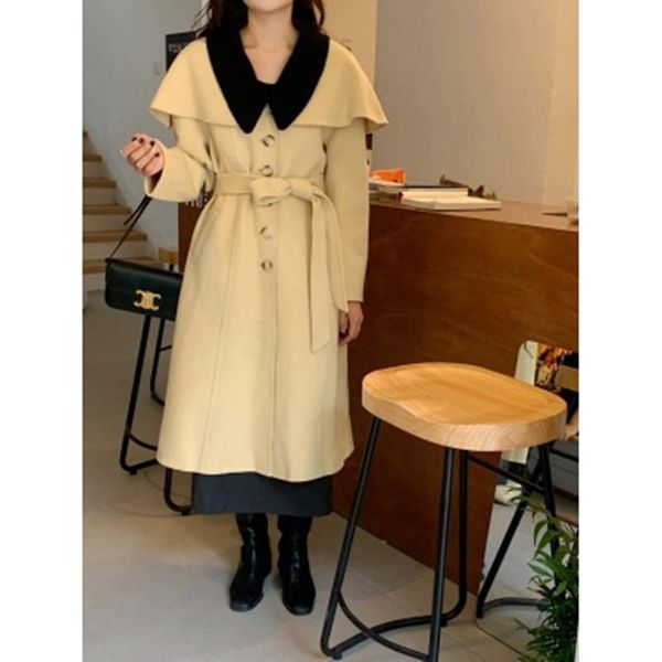 

women's wool & blends turn-down collar contrast color shawl single-breasted mid-length double-sided woolen coat belt pocket winter 2022, Black