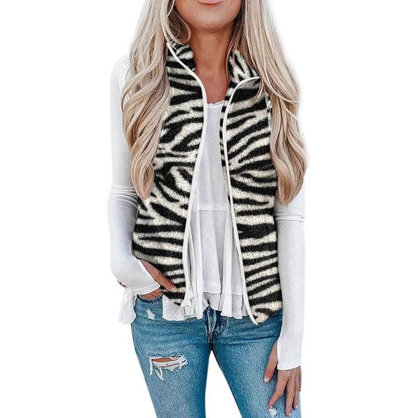 

women's vests women sleeveless leopard print plush vest jacket ladies pocket zipper check tie-dye lapel, Black;white