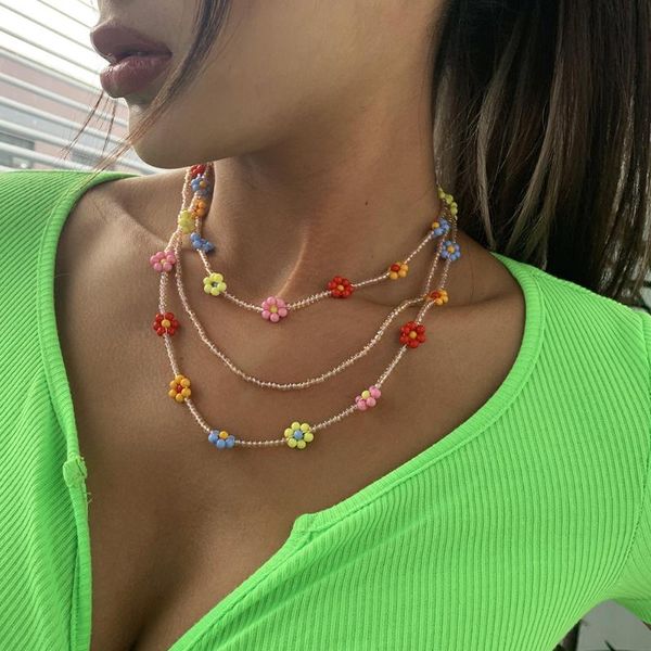 

chokers 2021 women multi-layer bohemia hand made colourful plastic beads necklaces summer beach hand-knitted flower, Golden;silver