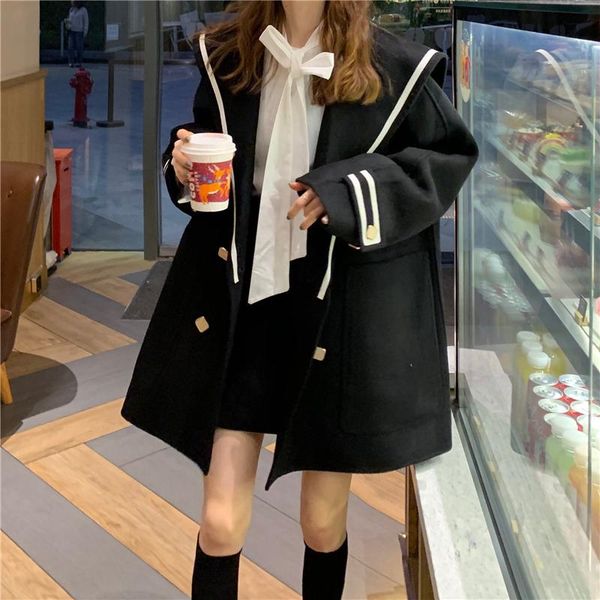 

women's wool & blends [ewq] white casual woolen coat female autumn winter middle long 2021 korean version sailor collar black jacket 6e