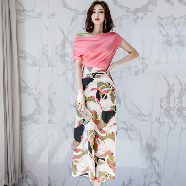 

summer lady short office of the women's elegant ombro chiffon shirt + fine printing long leather suits 2 pc skirt ezpx, Black