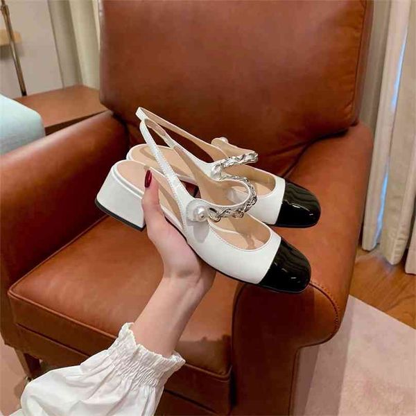 

2021 early town in fairy tale spring of 2021 - french girl pearl chain thick heel mary jane baotou sandals women's single shoes yw 165l, Black