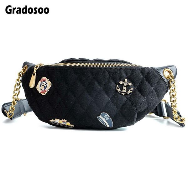 

gradosoo fashion quilted waist pack belt bag female badge for women chest chain fanny belly bags phone lbf175