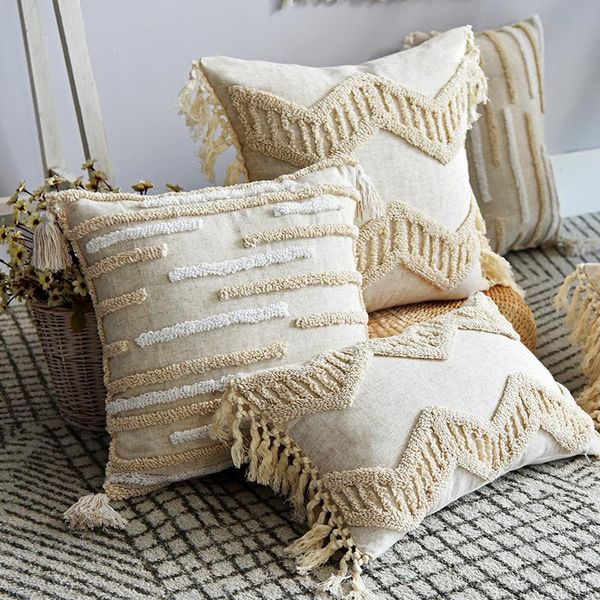 

boho style cushion cover 45x45cm pillow cotton linen tufted tassles beige for home decoration sofa bed 45x45cm/30x50cm cushion/decorative