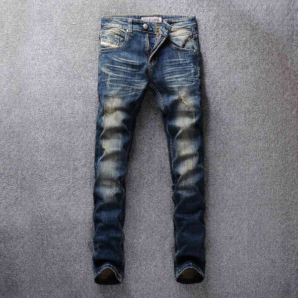 

men's jeans italian style fashion men retro blue slim fit ripped denim trousers vintage designer cotton long pants ho
