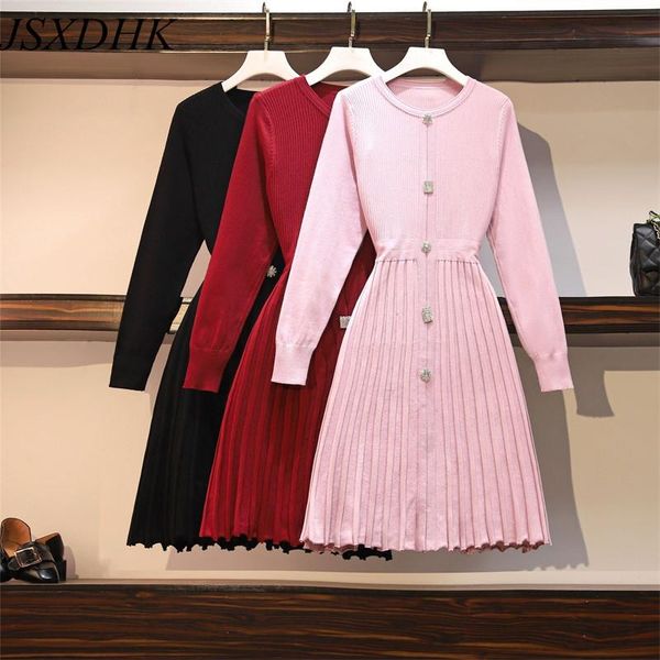 

casual dresses jsxdhk sweet girl autumn and winter knitted pleated dress fashion women long sleeve diamonds button pink sweater s-4xl, Black;gray