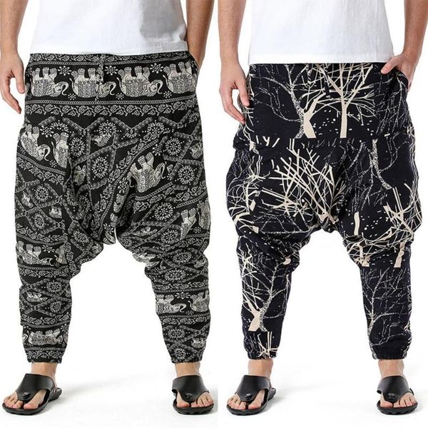 

men's pants summer soft trousers skin-friendly vintage mid rise drop crotch, Black