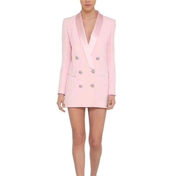 ALTA QUALITÀ est Designer Blazer Jacket Bottoni leone da donna Doppio petto Collo a scialle in raso Lungo Brazer 211104