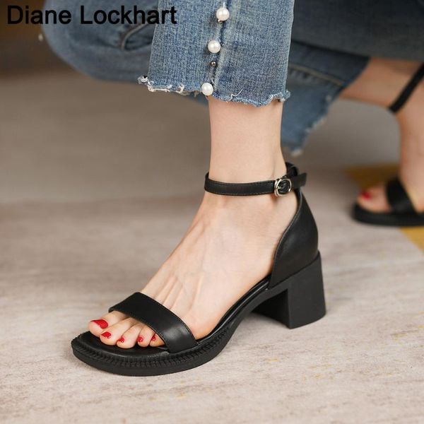

sandals genuine leather women basic summer chunky heel casual shoes female all-match sandalias comfortable platform high heels, Black