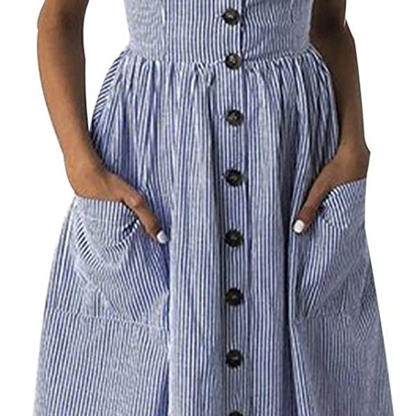 

brand women's dress summer spaghetti strap sundress casual floral midi backless button up swing dresses with pockets s-3xl, Black;gray