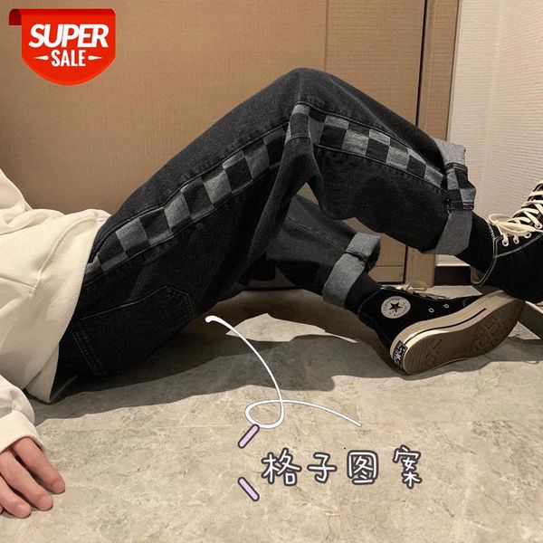 

jeans men's port style retro plaid loose wild straight leg wide-leg pants male students curled trousers #ci7m, Blue