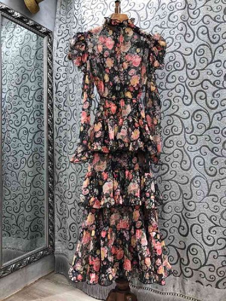 

capris arrival 2021 spring designer clothing women charming floral print cascading ruffle deco long sleeve, Black;gray