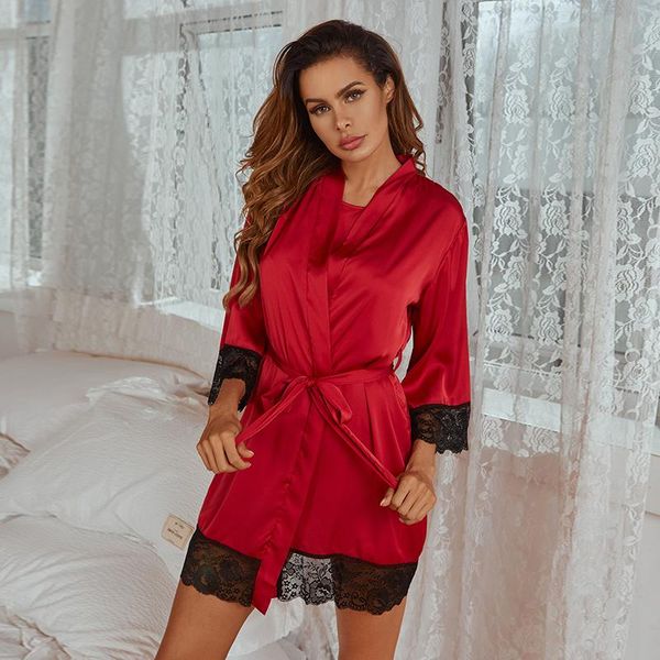 

women's sleepwear ladies elegant robe sets spaghetti strap and shorts comfort homewear 3pcs womens satin lace patchwork pijamas set, Black;red