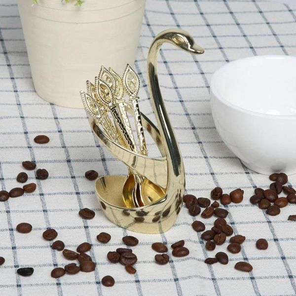 

fashion elegant coffee dessert spoon cutlery set with swan holder household tea home kitchen tableware dinnerware sets