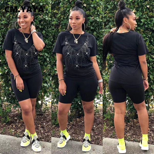 

women sets loose print short sleeve o-ne pullover solid sheath elastic short pants 2 piece set summer outfitsby air, White