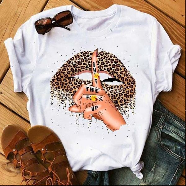 

womens t shirts funny lips leopard print summer short sleeves shirt for women harajuku tees female, White
