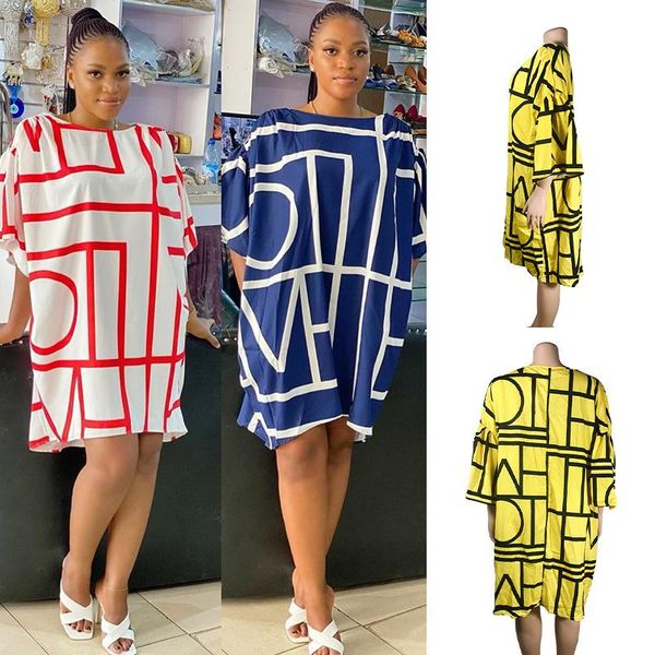 

casual dresses tsxt 2021 african style women printed 3-color loose knee-length dress lady o-neck short sleeve plus size leisure, Black;gray