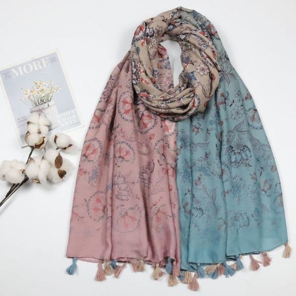 

scarves 2021 women cotton gradient flower print tassel scarf shawls long soft floral hijab wrap 5 color wholesale 10pcs/lot, Blue;gray