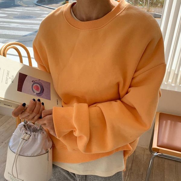 

plus size casual ladies hoodie 2021 new round neck pullover sweet and warm solid color sweatshirt loose long-sleeved womens top, Black