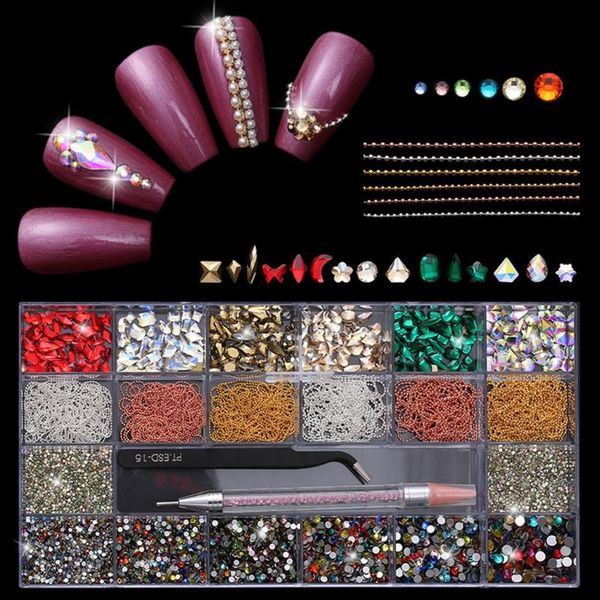 

nail art decorations t4mb 21 grids diy decor multi shapes with dual-ended dotting pen tweezers, Silver;gold