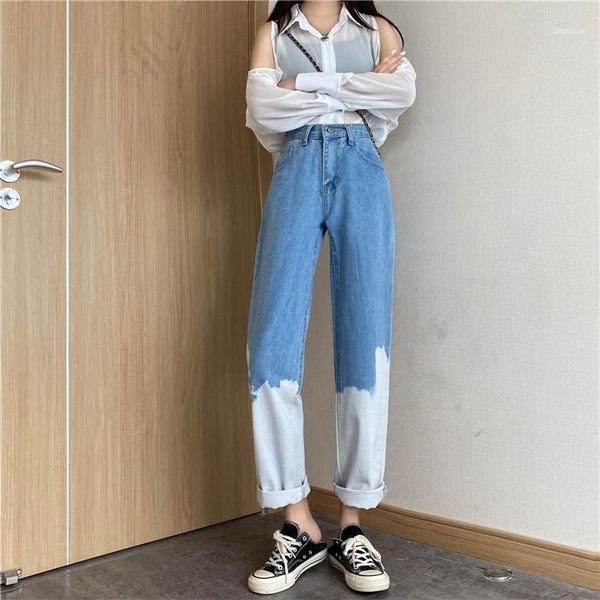 

women's hight waisted jean loose, thin, perforated and wide leg pants color matching loose high waist q2441, Blue