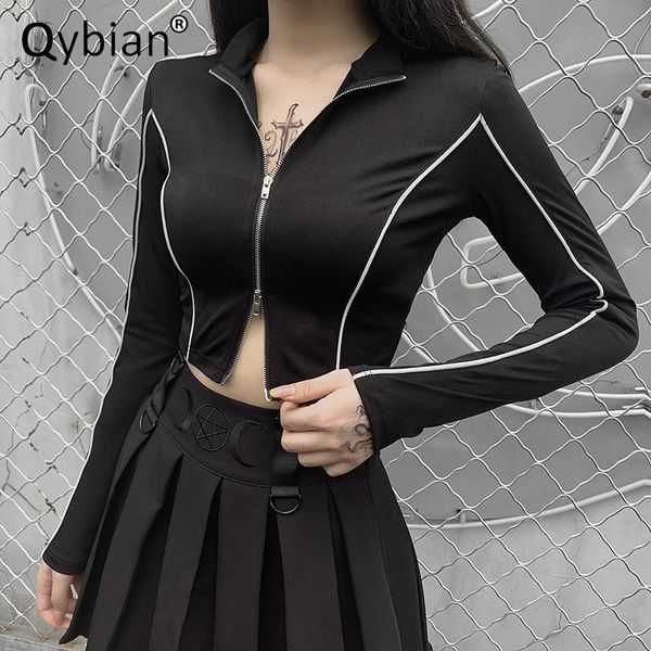 

women's jackets 2021 autumn street long sleeve coats and women double zipper reflective stitching coat gothic short solid, Black;brown