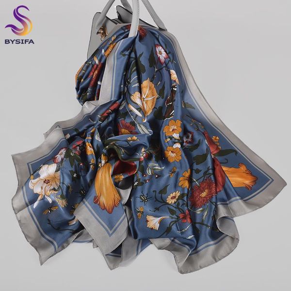 

scarves [bysifa] autumn winter silk scarf hijabs 2021 luxury women floral design long wraps grey blue,khaki,grey black, Blue;gray